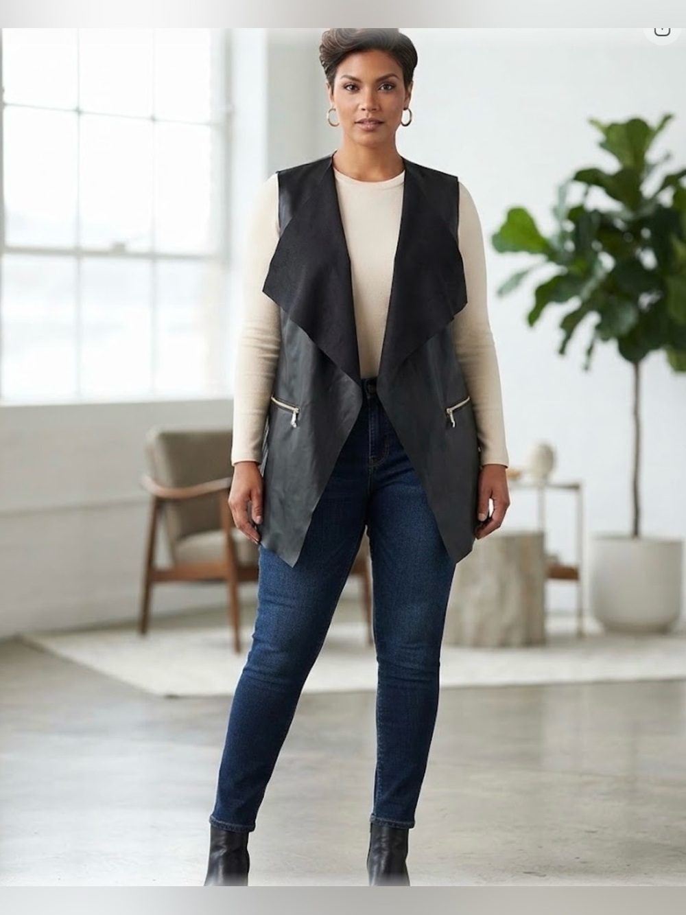 Women's Black Draped Faux-Leather Vest with Zip Pockets size XL